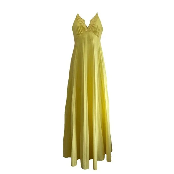 70s VTG Chiffon Babydoll Angel Cape Maxi Dress Accordion Pleated Yellow Gown 10 - Picture 3 of 14